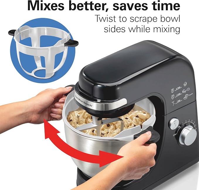 Hamilton Beach 4 Quart Electric Stand Mixer With 7 Speeds | Planetary Mixing For Full Bowl Coverage | Bowl Scraper | Splash Guard | 300 Watts | Whisk, Flat Beater, Dough Hook | Black