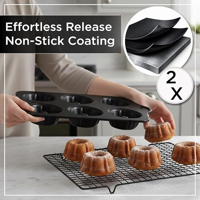 Wrenbury Nonstick Mini Buntz Cake Pan Non Stick for Baking Fluted Cake Tin | 6 Cup Bundlette Tray for Small Cakes - PFOA Free and Dishwasher Safe - 3.75” Cup Width