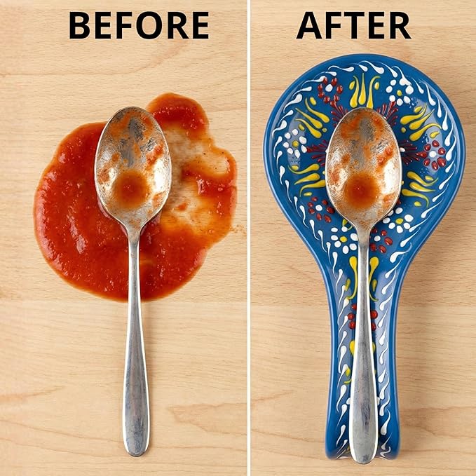 BCS Ceramic Spoon Rest, Large 9” Hand Painted Spoon Holder for Stove Top & Kitchen Counter, Dishwasher Safe & Heat Resistant Utensil Holder, Floral Kitchen Decor, Handmade Pottery