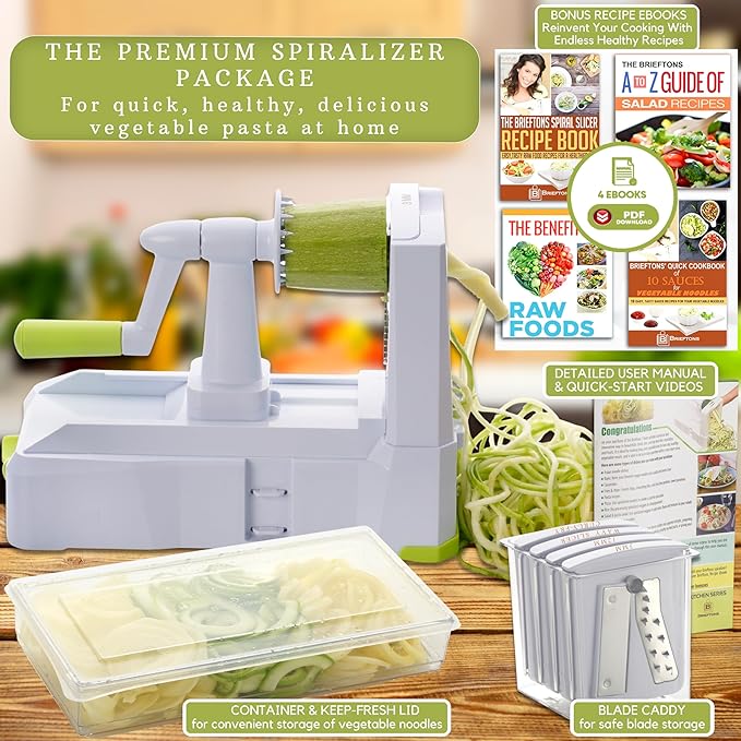 Brieftons 7-Blade Vegetable Spiralizer: Zucchini Spiral Slicer & Veggie Noodle Maker, Japanese Steel Blades, Catch Container, Strong Suction Cup, Blade Caddy, 4 eBooks | Low Carb, Vegan, Gluten-Free