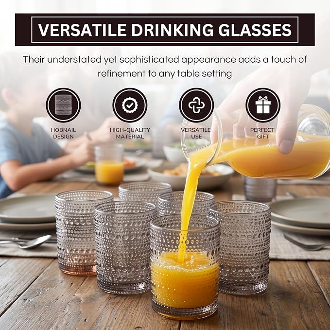 Khen Beaded Tumbler Drinking Glasses Set | Set of 6 | Vintage Hobnail 11 OZ Bubble Design Whiskey Glassware, Old-Fashioned, Embossed Design Glass for Water, Wine, Cocktail HAND WASH ONLY (Grey)