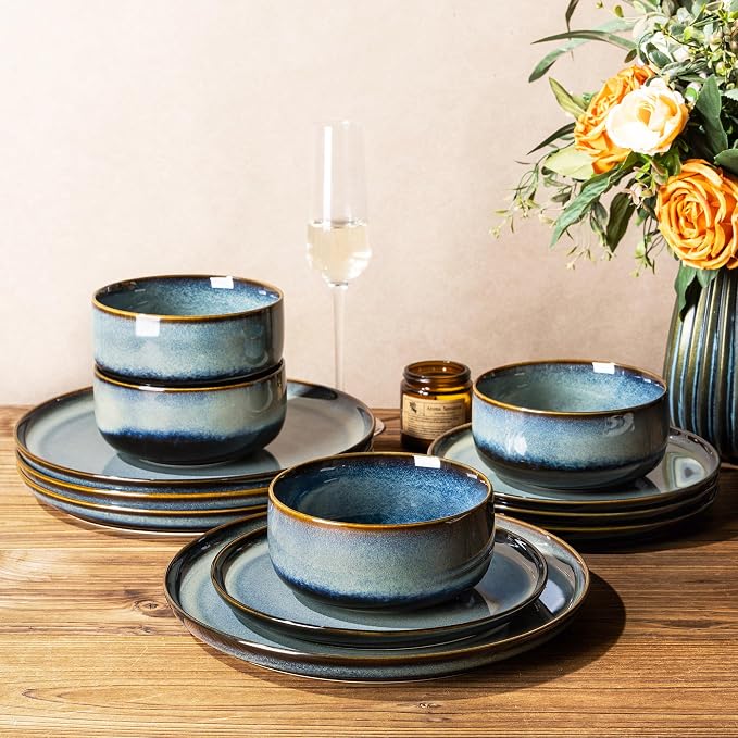 TheTerra Ceramic Dinnerware Sets for 4, 12 Pieces Porcelain Lightweight Plates and Bowls Sets, Scratch Resistant Dish Set, Oven & Microwave & Dishwasher Safe, Denim Blue