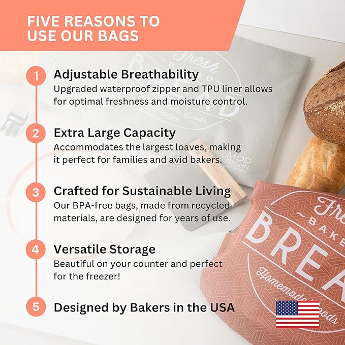 Reusable Bread Bags for Homemade Breads – 2-Pack XL Sourdough Bread Bags | Keeps Sourdough Fresh for a Week | Freezer Safe Reusable Container Storage for Sour Dough and Artisan Loaves
