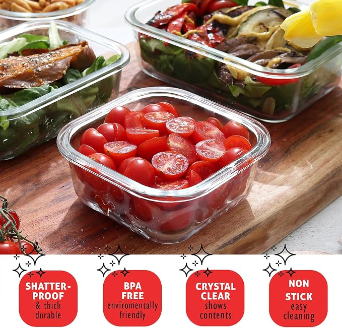 EATEX 32pc Glass Food Storage Containers with Lids, Airtight Glass Meal Prep Containers, 16 Reusable Food Storage Bins with 16 Leakproof Snap Lock Lids Oven Microwave Freezer Safe Lunch Containers