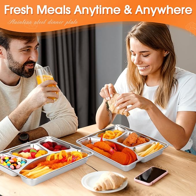 Patelai 6 Pcs Stainless Steel Snack Containers with Clear Flexible Lids Large 4 Compartment Heavy Duty Travel Bento Box Adult Lunch Box Reusable Food Storage Containers Plates for Office Home