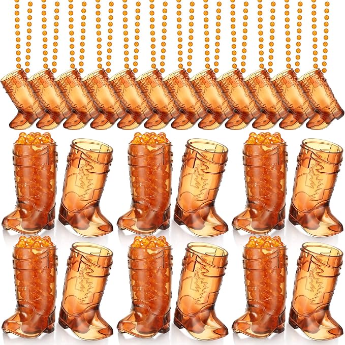 Sieral 12 Pcs Cowboy Boot Shot Glasses on Beaded Necklace Plastic Reusable Cowgirl Shot Boot Glasses Necklace Party Cups for Cowboy Cowgirl Bachelorette Carnival Western Birthday (Transparent Brown)