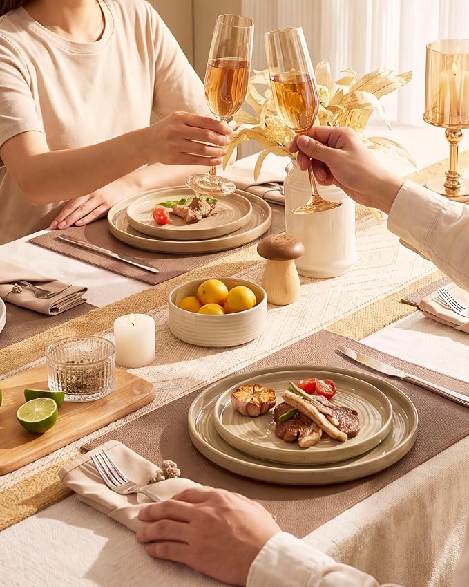Stoneware Dinnerware Sets for 8, 24-Piece High Edge Plates and Bowls with Speckled Glaze & Spiral Design - Chip & Scratch Resistant, Microwave & Dishwasher Safe - Gift Box, Multicolor