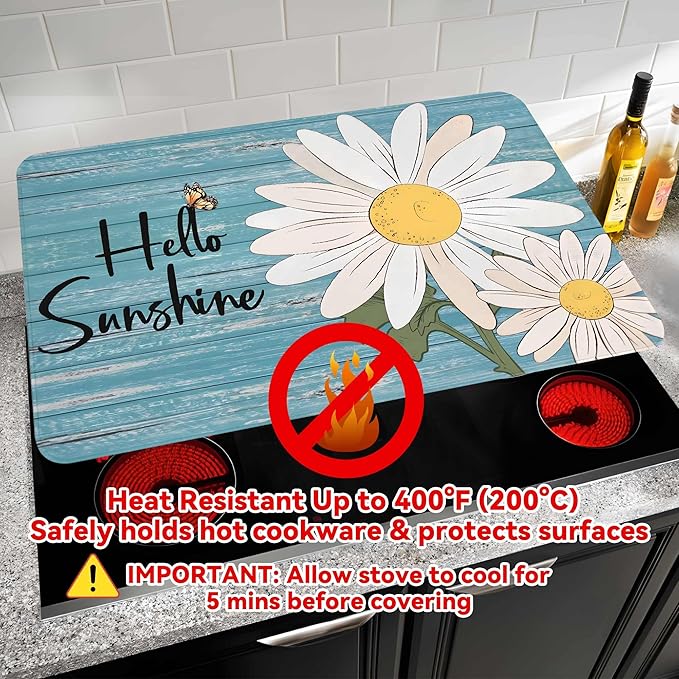 Decorative Stove Top Covers for Electric Stove 28"x20" – Heat Resistant Glass Cooktop Protector Dish Drying Mat – Non-Slip Rubber Backing Washer Top Cover Waterproof Extra Counter Space (Daisy)