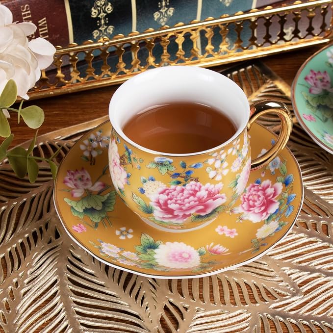 KAMMAK Tea Cups and Saucers Set of 2, Porcelain Coffee Cups, 7.1oz Stackable Espresso Mugs, Ceramic Demitasse for Coffee, Latte, Americano, Tea (942N+944N)