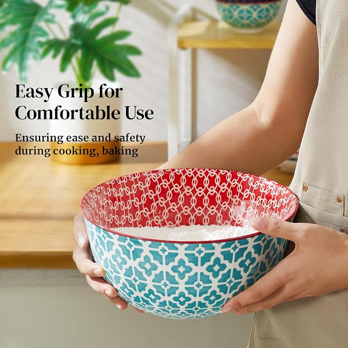DOWAN Mixing Bowls, Ceramic Mixing Bowls for Kitchen, Colorful Vibrant Nesting Bowls for Cooking, Baking, Prepping, Serving, Salad, Housewarming Gift, Microwave Dishwasher Safe, 3.7/2/1 Qt, Set of 3