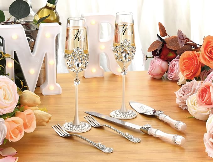 Wedding Cake Knife and Server Set, Luxury Handcrafted Crystal Champagne Flutes with Silver Petal Rhinestones and Pendant, Cake Cutting Set for Wedding, Engagement Gifts for Couples, Gift-ready Box