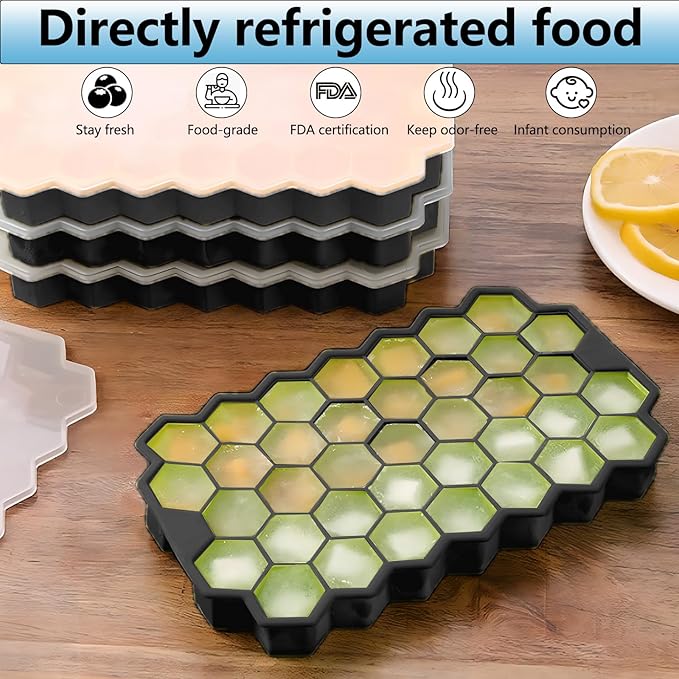 Ice Cube Trays with Lid-37 Square Silicone Ice Cube Molds, Easy-Release Reusable Small Ice Cubes for Iced Coffee Cocktail Whisky Chocolate Soup Food