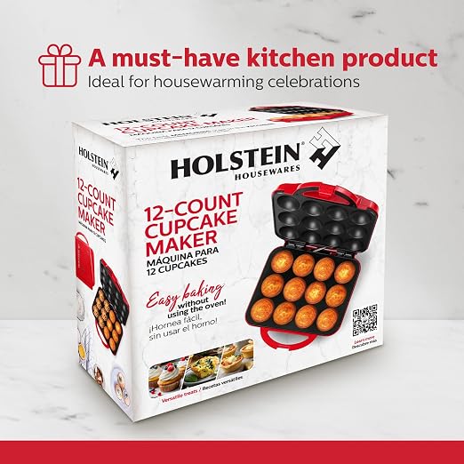 Holstein Housewares Non-Stick 12-Count Electric Cupcake Maker Machine – Bakes 12 Cupcakes, Muffins, Pizza Cups, Cinnamon Buns – Perfect for Gifts, Birthdays, Holidays, or Bake Sales, Red