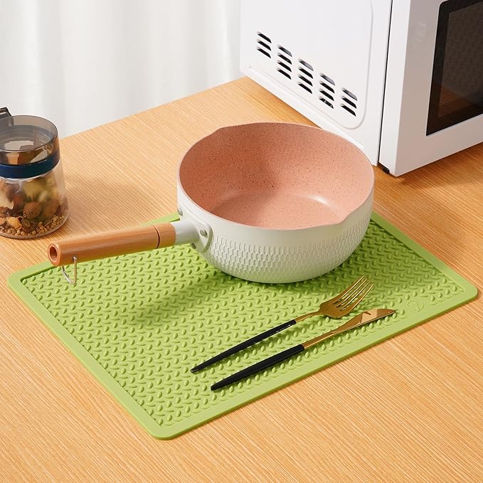 Silicone Drying Mat & Heat Resistant Mat for Kitchen Counter, Non-Slip Dishwasher Safe, Raised Edge for Dishes Bottles Sink (25.5x17.7in, Green)