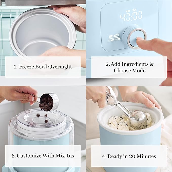Martha Stewart Ice Cream Maker, 2 Quart Double-Insulated Freezer Bowl, Sorbet & Frozen Yogurt, Ready in 20 Minutes, Mix-Ins Chute, Easy to Clean, Sky Blue