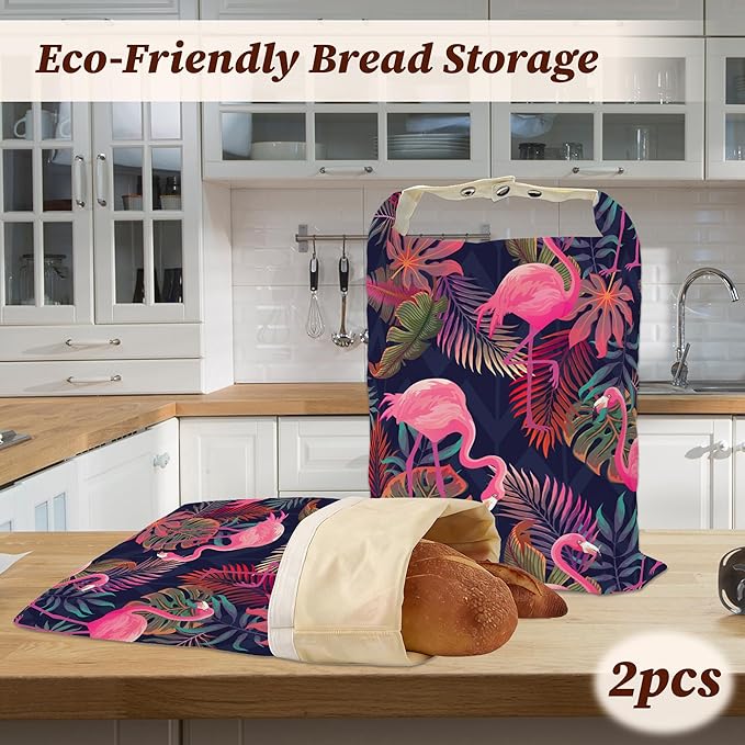 Bread Bags for Homemade Bread, Pink Flamingo Tropical 2 Pack Linen and Beeswax Sourdough Storage Bags, Reusable Keeper, Keeps Breads Fresh Longer, Gifts for Bakers