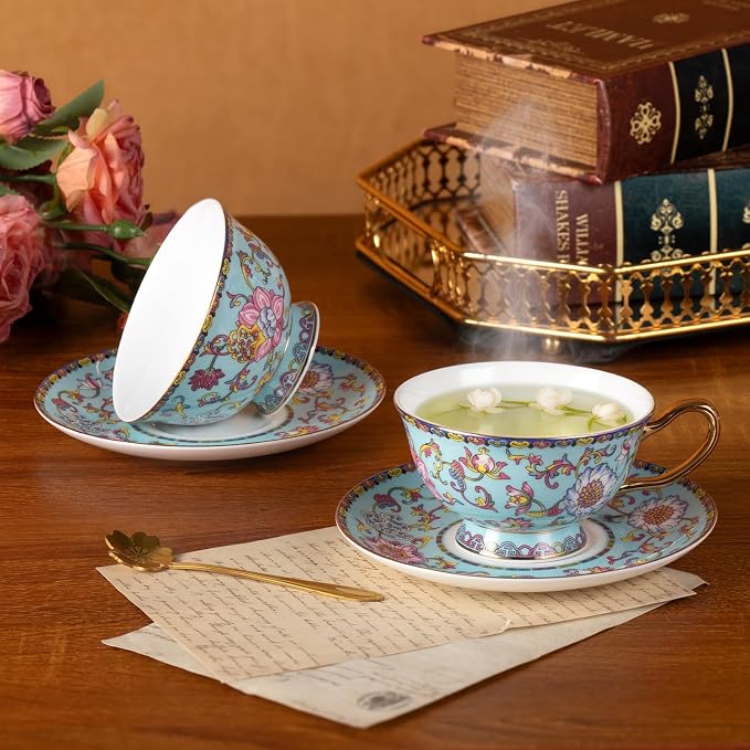 KAMMAK Tea Cups and Saucers Set of 2, Porcelain Coffee Cups, Stackable Espresso Mugs, Ceramic Demitasse for Coffee, Cappuccino, Latte, Americano, Tea, Full Bloom Blue