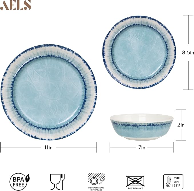 AELS Melamine Dinnerware Set of 18 Pcs Dinner Dishes Set, Lightweight Unbreakable for Indoor and Outdoor Use, BPA Free, Dishwasher Safe, Light Blue