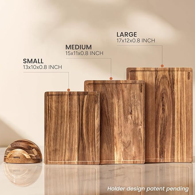 SMIRLY Acacia Wood Cutting board for Kitchen - Wood Cutting Boards for Meal Prep, Serving, Charcuterie - Kitchen Gadgets, House Warming Gifts - Wooden Chopping Board Set of 3 with Holder