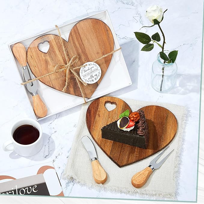 Patelai 24 Set Bridal Baby Shower Favor Heart Cheese Board with Knife, Wood Mini Charcuterie Board Thank You Gift Box for Guest Bridal Baby Shower Prize Wedding Valentines Birthday (Acacia Color)