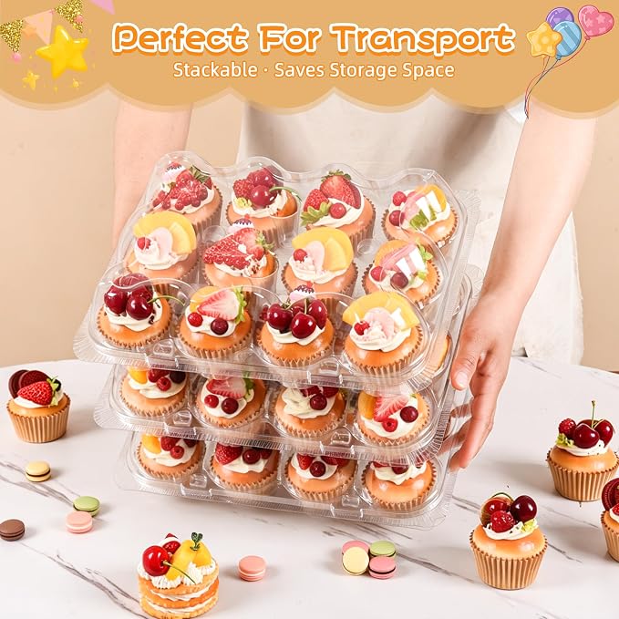 12 Pack x 20 Sets Plastic Cupcake Containers, Stackable Cupcake Boxes Holders with Tall Dome Lid, Disposable Clear Cupcake Carrier Trays for Bakery Transport