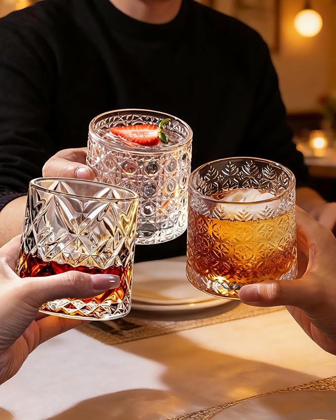 CEEFU Old Fashioned Whiskey Glasses with 360° Rotating Base, Set of 2 (2 Crystal Glasses Set, 2 Big Ice Ball Molds) In Gift Box - Bourbon, Cocktail, Rocks, Bday Gifts Ideas for Men, Ice Crackle