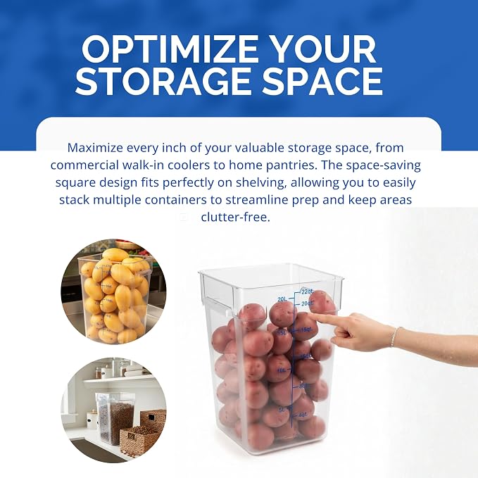 FSE 373-FC22C Food Container, 22 Qt Square Clear Storage Container with Measurement Markings, Stackable Space-Saving Design, Durable Construction, NSF, Lid Sold Separately