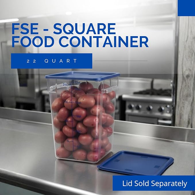 FSE 373-FC22C Food Container, 22 Qt Square Clear Storage Container with Measurement Markings, Stackable Space-Saving Design, Durable Construction, NSF, Lid Sold Separately