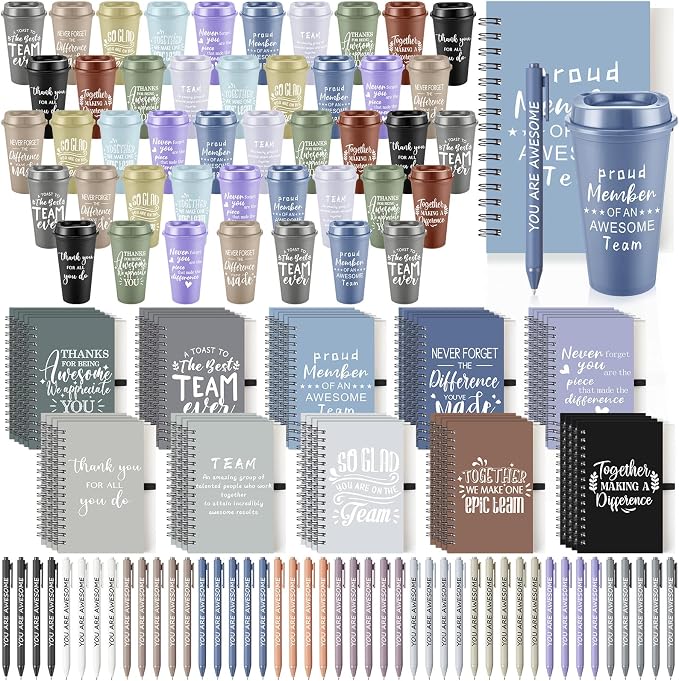 Teenyyou 135 Pcs Employee Appreciation Gift Set, 16oz Tumbler with Lid Notebook Pen Bulk Thank You Gift Holiday Party Favor for Teachers Office Coworker Teacher Staff Team (Dark Color,Elegant Style)