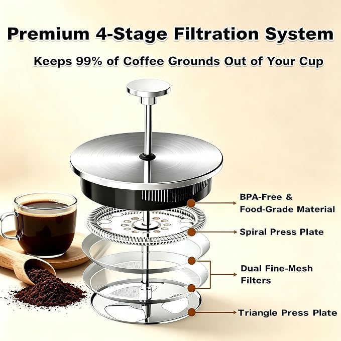 QUQIYSO French Press Coffee Maker, Large French Press with Thick Borosilicate Glass, 304 Stainless Steel Filter, Teapot & Coffee Maker for Home, Office, Party, 51oz, Silver