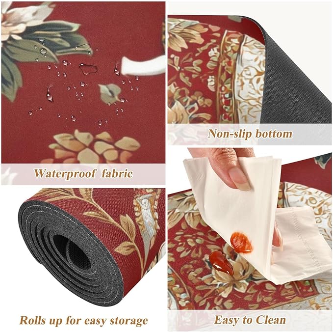 2 in 1 Table Runner Trivet for Hot Pots and Pans Heat Resistant Non Slip Waterproof 39 x 12 Inch Decorative Table Protector for Kitchen Countertop Red Floral Retro Elephants