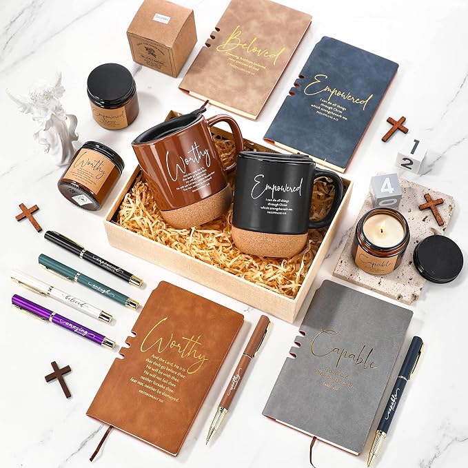 FillTouch 6 Set Christian Gifts for Women Men 15 oz Ceramic Bible Verses Coffee Mug A6 Leather Journal with Pen and Scented Candle Religious Gift for Pastor Church Sunday School(Classic Color)