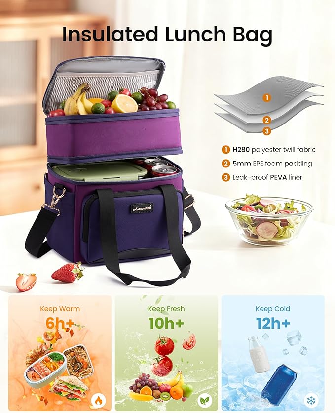 LOVEVOOK Insulated Lunch Bag For Women Men,Expandable Double Deck Lunch Box With Large Cup Holder,Leakproof Cooler Bag For Adult Lunch Tote Bag Work Picnic Beach with Adjustable Shoulder Strap Gift