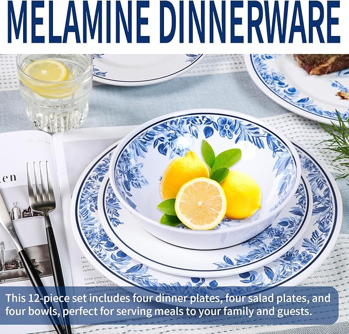Melamine Dinnerware Sets-12pcs Floral Dinnerware Set Service for 4, Blue White Plates and Bowls Sets, Dishwasher Safe, Break-resistant, Outdoor Camping Picnics Use, Reusable, Traditional Flower