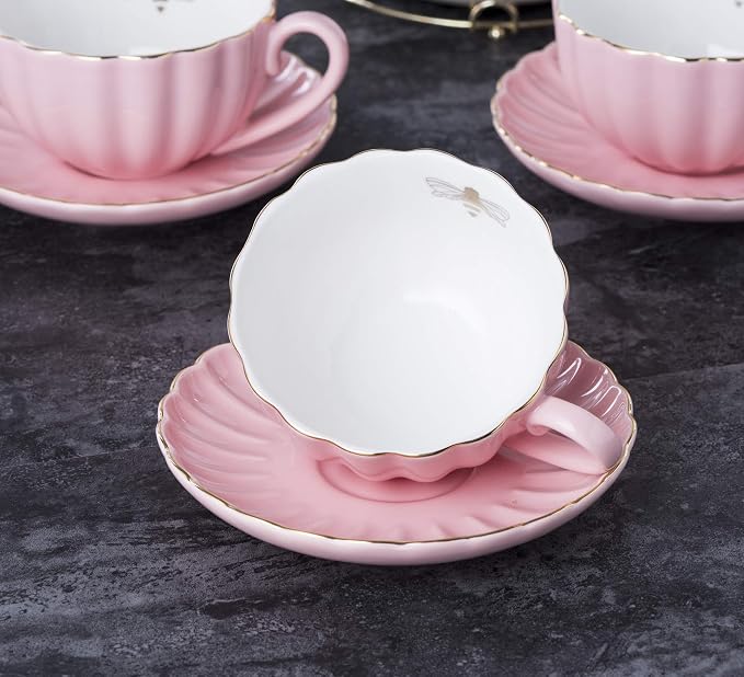 Jusalpha Fine China Pink Coffee Cup/Teacup Set, 7 OZ Cups& Saucer Service for 4, with Teapot-Sugar Bowl-Cream Pitcher Teaspoons and tea strainer for Tea/Coffee, 17-Pieces (TW Full set)