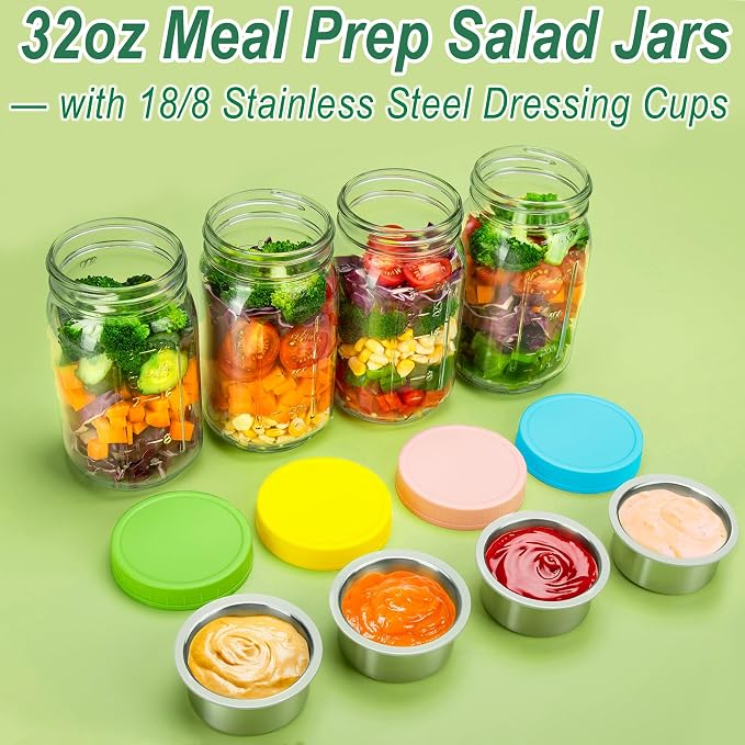 KTKUDY 4 Pack 32 oz Glass Salad Jars with Dressing Cups (Pod) - Meal Prep Salad Container for Lunch - Leakproof Mason Jars with Lids