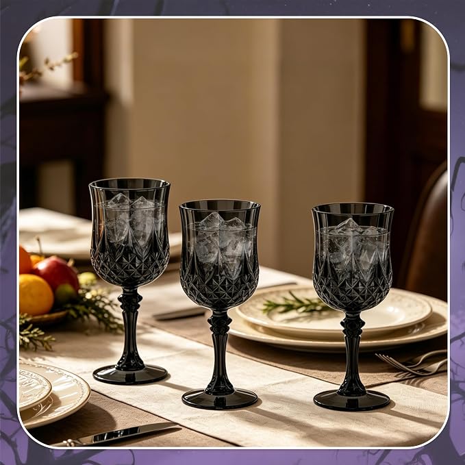 7OZ Plastic Wine Glasses, Reusable Vintage Goblets Unbreakable Drinking Glasses Crystal Water Cups Champagne for Wedding, Parties (48, Black)