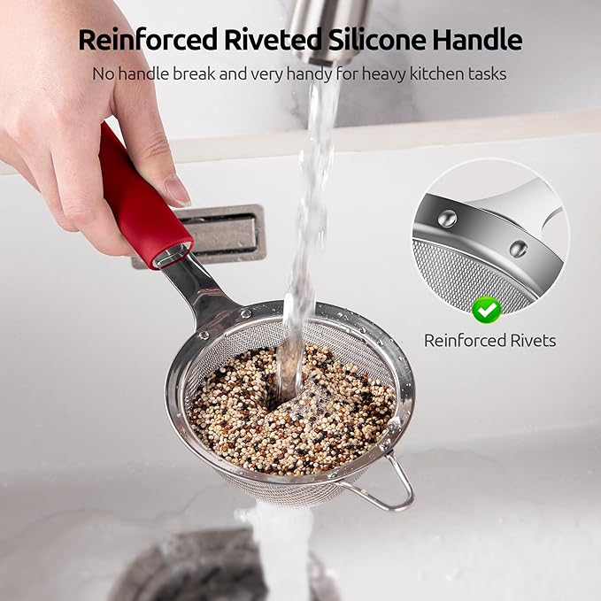 U-Taste Small Fine Mesh Strainer: 18/8 Stainless Steel 3.35in 30 Mesh Kitchen Food Sieve with Sturdy Riveted Silicone Handle, Heavy Duty Deep Handheld Metal Colander for Tea, Juice (Red)