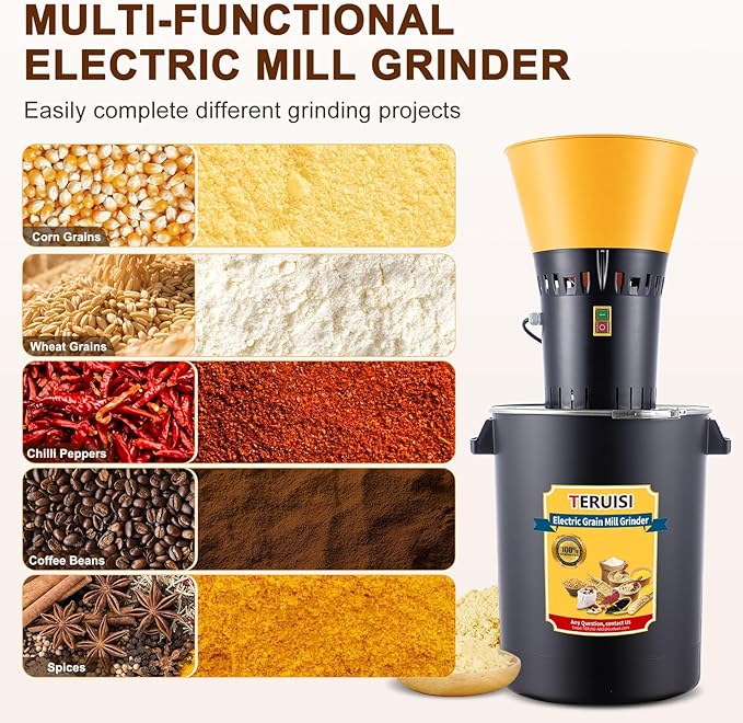 60L Grain Mill Grinder, 15.8 Gallons Electric Grain Mill Corn Grinder, 1500W Dust-Free Dry Cereals Grinders with Detachable Hopper & 6 Size Sieves for Farm Home Wheat Spice Rice Feed Flour