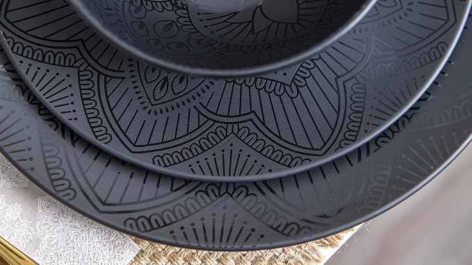 bzyoo 12 Piece Black Melamine Dinnerware Set - Durable, Dishwasher Safe Black Plates and Bowls - Ideals for Parties, Camping Dish Set La La Mandala