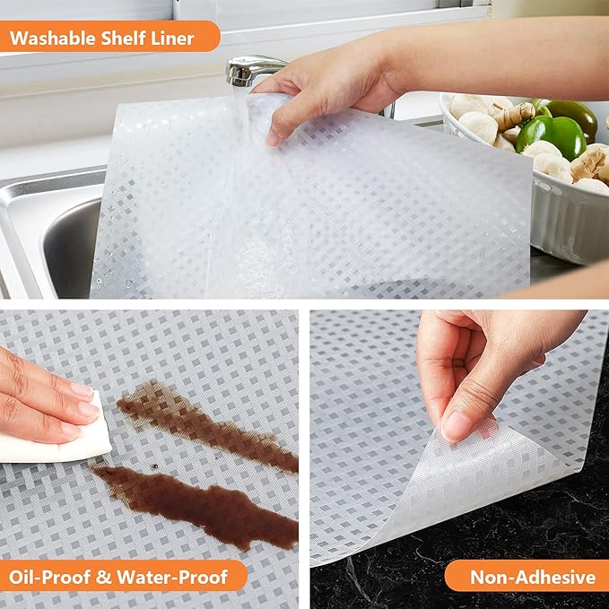 Shelf Liners for Kitchen Cabinets, Waterproof Kitchen Cupboard Liner, Refrigerator Liners and Durable Plastic Drawer Mats EVA Non Adhesive Shelves, Fridge - Clear 11.8 x 118 Inches
