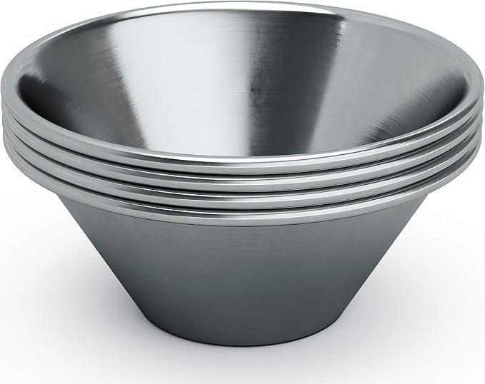 Pro Grade Stainless Steel 1.5oz Sauce Cups 4Pk. Reusable Stackable Metal Portion Containers for Sampling, Salad Dressing, Sides or Dipping Sauces. Small Ramekin for Restaurant, Catering or Deli.