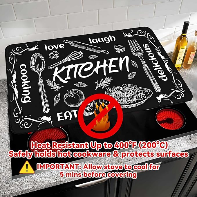 Decorative Stove Top Covers for Electric Stove 28"x20" – Heat Resistant Glass Cooktop Protector Dish Drying Mat – Non-Slip Rubber Backing Washer Top Cover Waterproof Extra Counter Space (Kitchen 1)