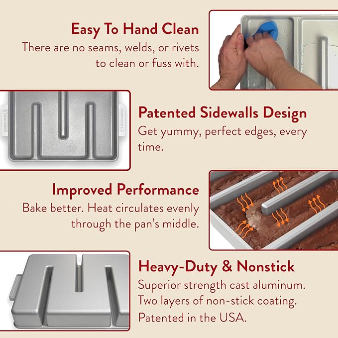 Baker's Edge Original Nonstick All Edges Brownie Baking Pan - 9" x12” | US Patented Design includes custom spatula. All Edges Brownie Pan, Premium Double Nonstick Coating, Heavy Gauge Cast Aluminum