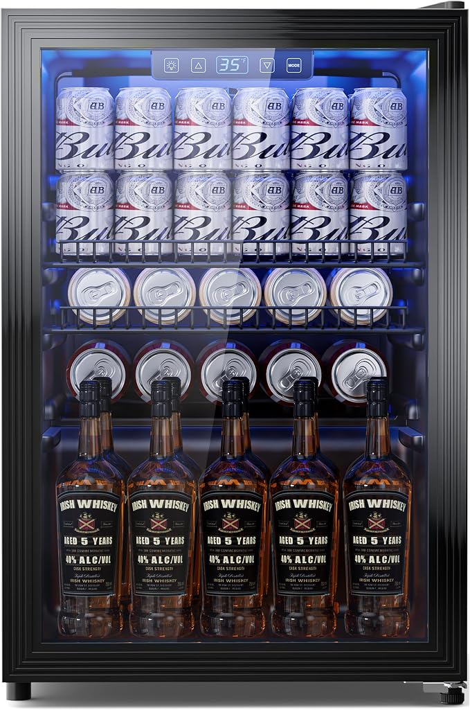 Tehanld 2.5 Cu.Ft Wine Fridge, Beverage Fridge With Glass Door, Wine Cooler Refrigerator, Beverage Drink Beer Cooler, Adjustable Shelves & Digital Temperature Display, 22 Bottle 95 Can