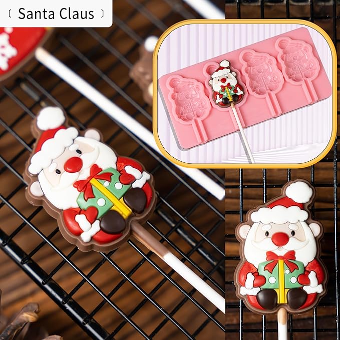 KALAIEN 4 Pack Christmas Lollipop Molds Set, Christmas Silicone Molds Candy Gummy Mold for Chocolate with 100pcs Lollypop Sucker Sticks