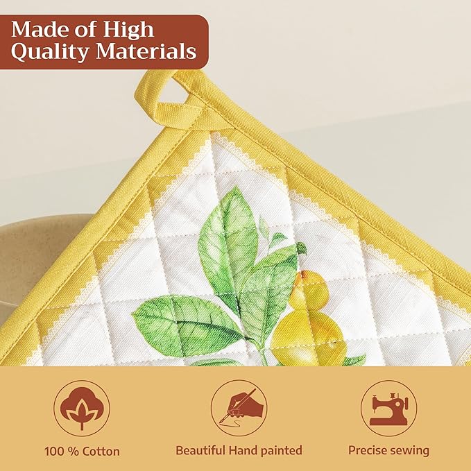 Maison d' Hermine Pot Holders 100% Cotton Heat Resistant Potholders 8" x 8" Hot Pads with Loop BBQ Cooking Baking Gifts for Mothers Day Handling Hot Pans Spring/Summer (Pack of 1, Limoncello)
