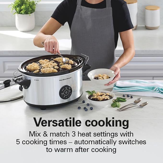 Hamilton Beach 7 Quart Stay or Go Portable Programmable Slow Cooker | 15 Cooking Options | Clip-Tight Glass Lid For Easy Travel | 20 oz Party Dipper | Dishwasher Safe Stoneware Crock | Silver