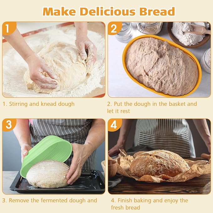 Honeydak 4 Pcs Silicone Bread Proofing Baskets Oval Banneton Basket 10" Collapsible Sourdough Bread Baking Supplies Non-stick Dough Proofing Bowls Container Oven Safe for Breads Making (Retro Color)