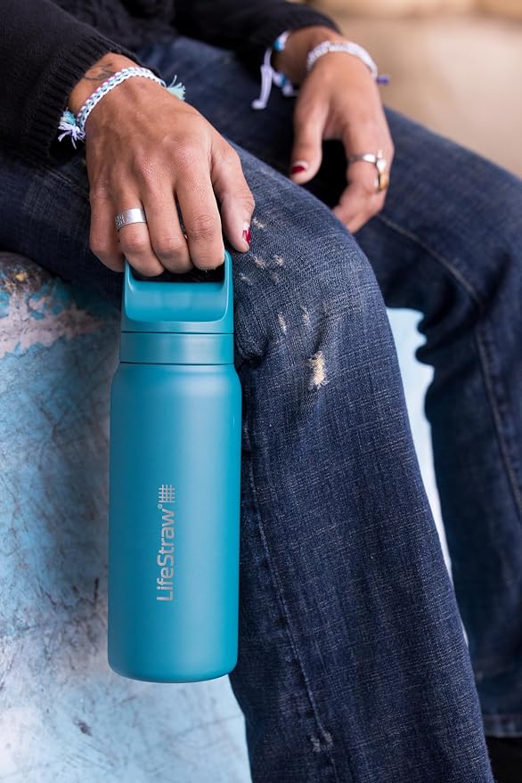LifeStraw Go Series — Insulated Stainless Steel Water Filter Bottle for Travel and Everyday Use Removes Bacteria, Parasites and Microplastics, Improves Taste, 24 oz, Laguna Teal